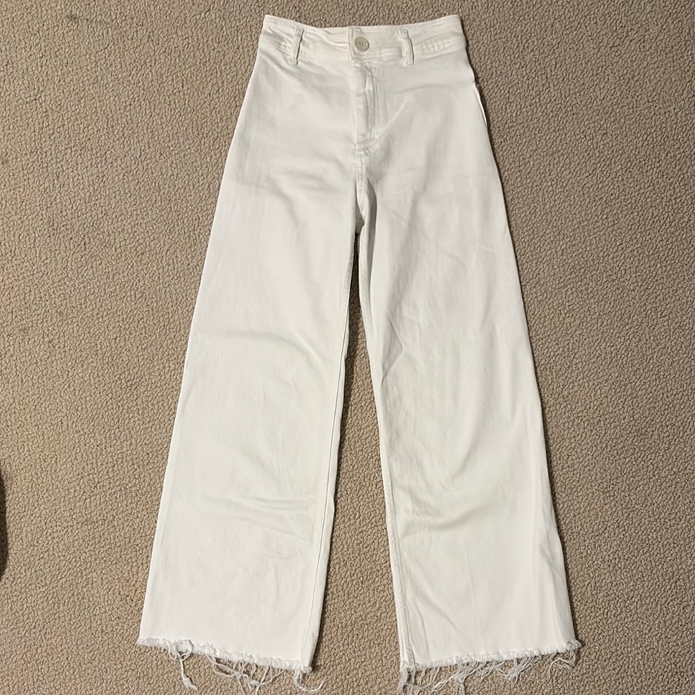 Zara Women's White Wide Leg Frayed Jeans
